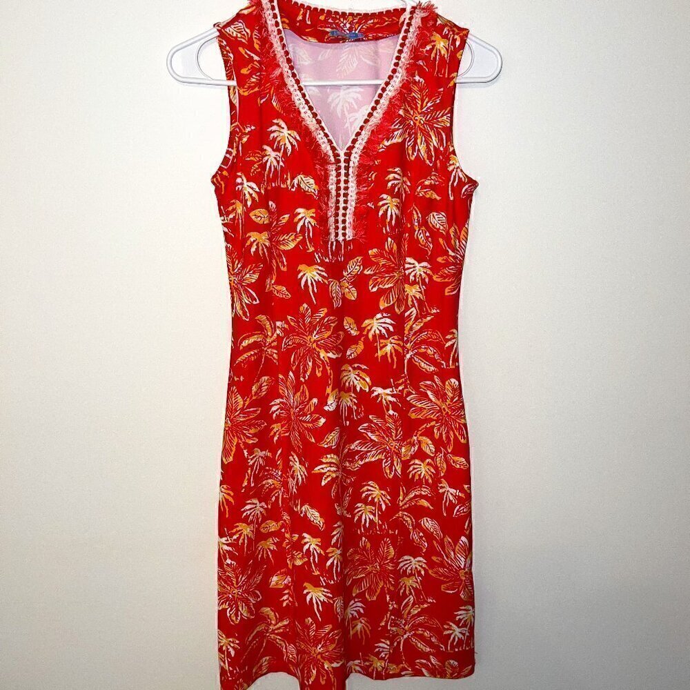 J.McLaughlin Brent split V-neck Sleeveless Dress Catalina Cloth Fringe Palm - XS